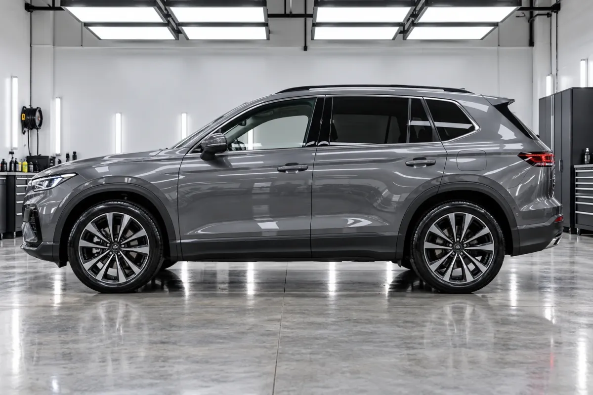 Grey SUV after a full valet in a detailing studio