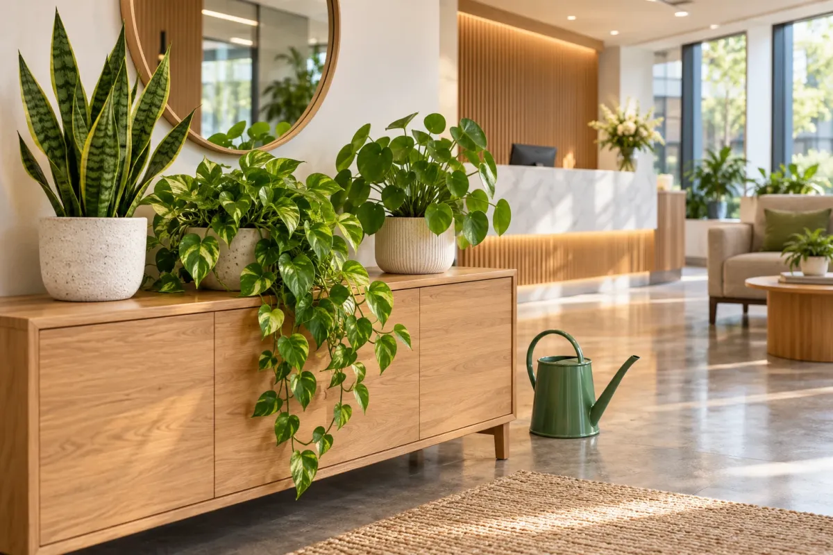 Office plants on a wooden sideboard beside a watering can