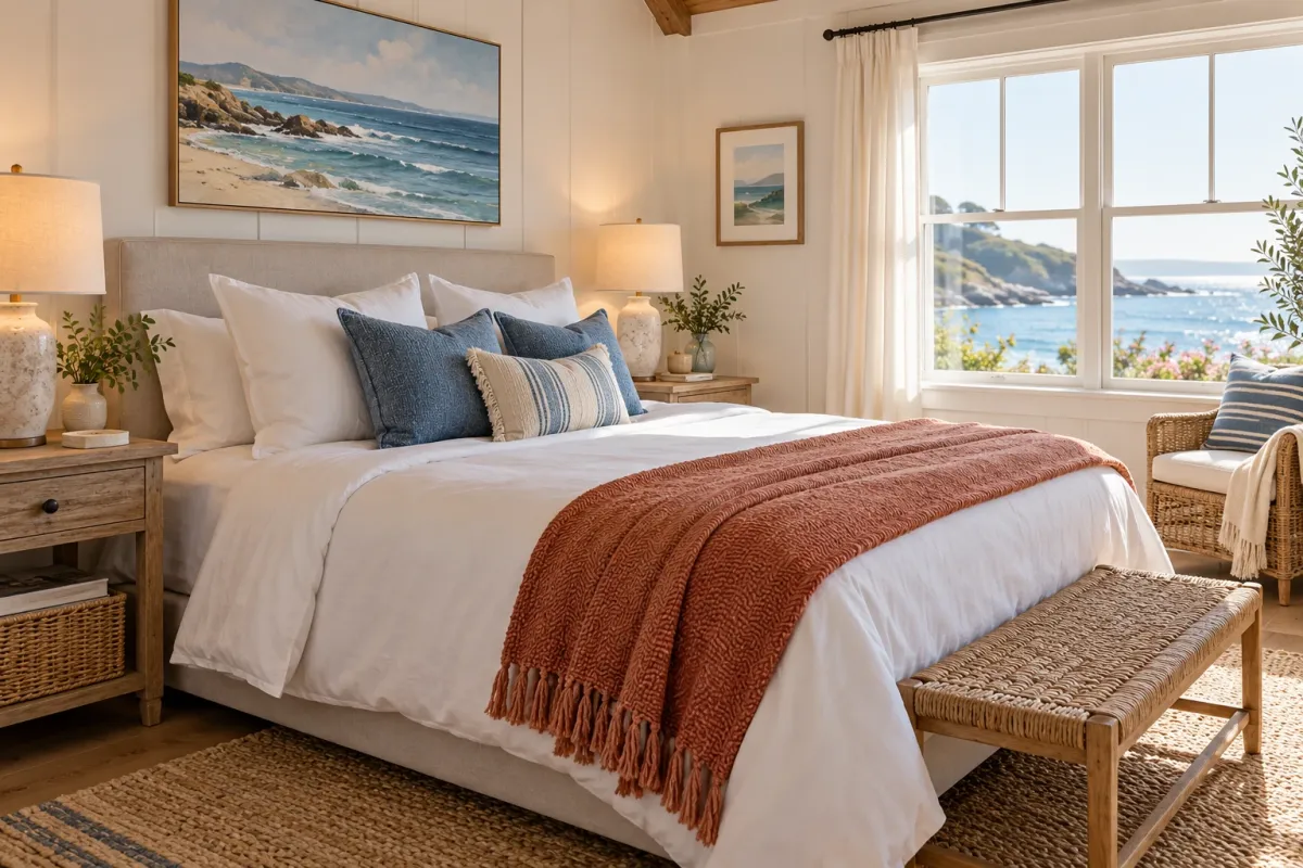 Freshly made bed in a holiday cottage bedroom